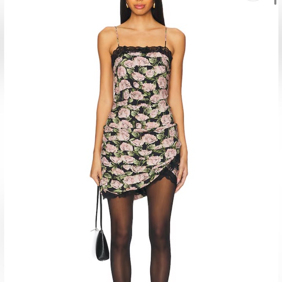 For Love And Lemons Dresses & Skirts - For Love and Lemons Floral Lace-Trim Slip Dress in Black and Pink